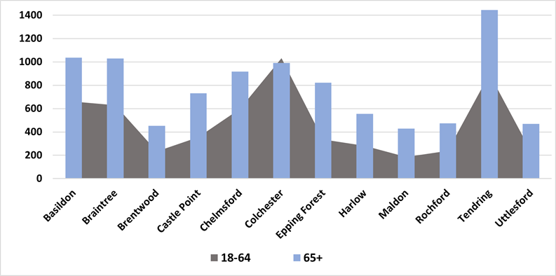 Chart Showing Number of People Receiving Services By Age Group Split By Districts