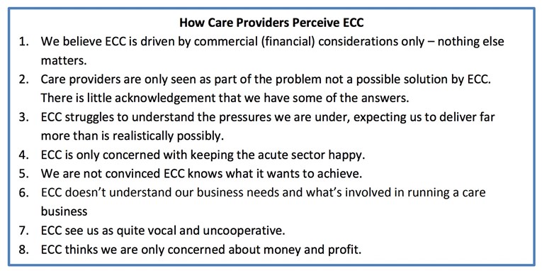 An illustrative textbox covering how Care Providers perceive ECC