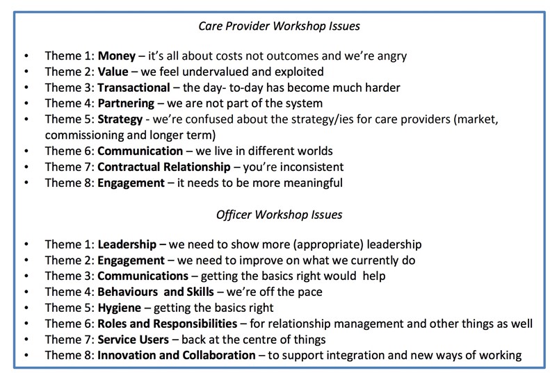 An illustrative textbox covering identified issues from care provider workshops and officer worshops